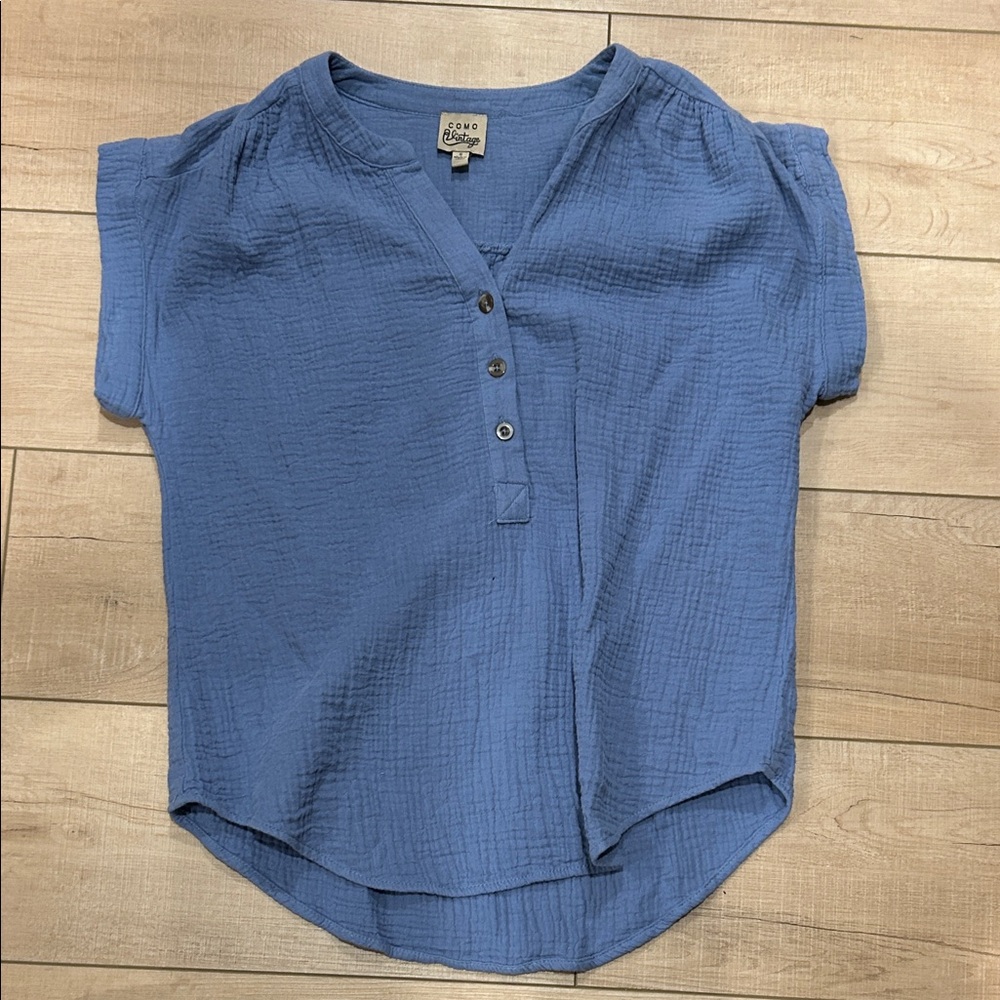 Como Vintage Slate Blue Gauze Henley Short Sleeve Top women size small